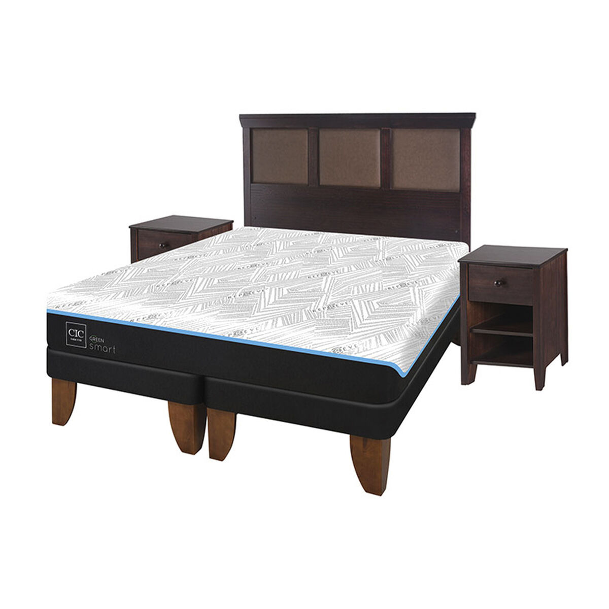 Cama Europea CIC Green Infinity King + 1 Respaldo + 2 Veladores Torino Choc