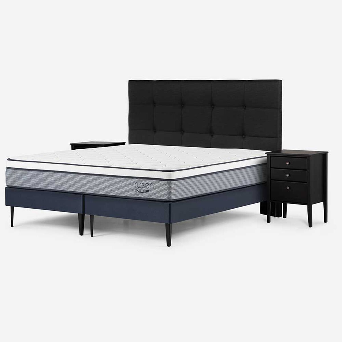 Cama Europea Rosen Base Dividida 2 Plazas Indie + Respaldo + 2 Veladores Issey Grafito
