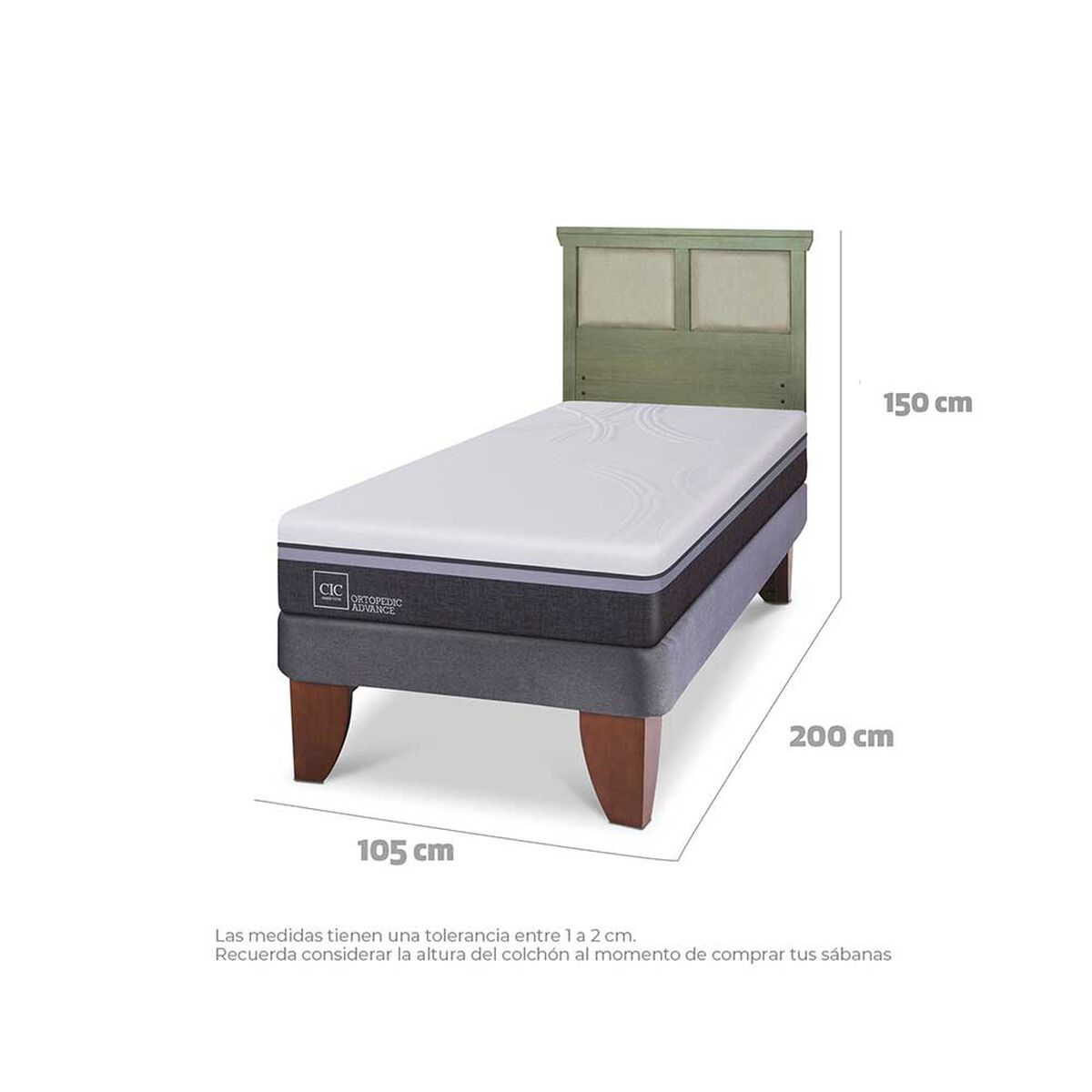Cama Europea CIC 1,5 Plazas Ortopedic Advance + Respaldo Torino Olivo