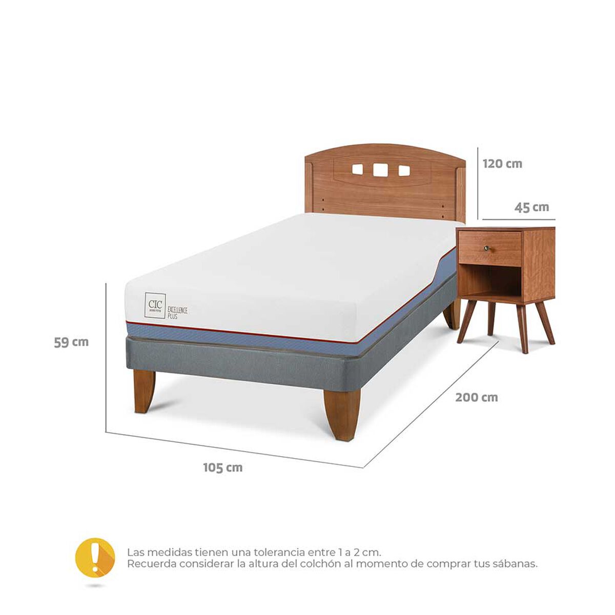Cama Europea CIC 1,5 Plazas Excellence Plus + Respaldo + Velador New Gales