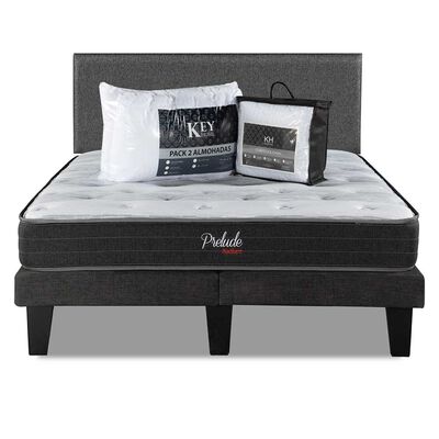 Combo Cama Europea Prelude Radiant 2 Plazas Normal + Respaldo Praga Gris + Cubre Colchón + Pack Almohadas