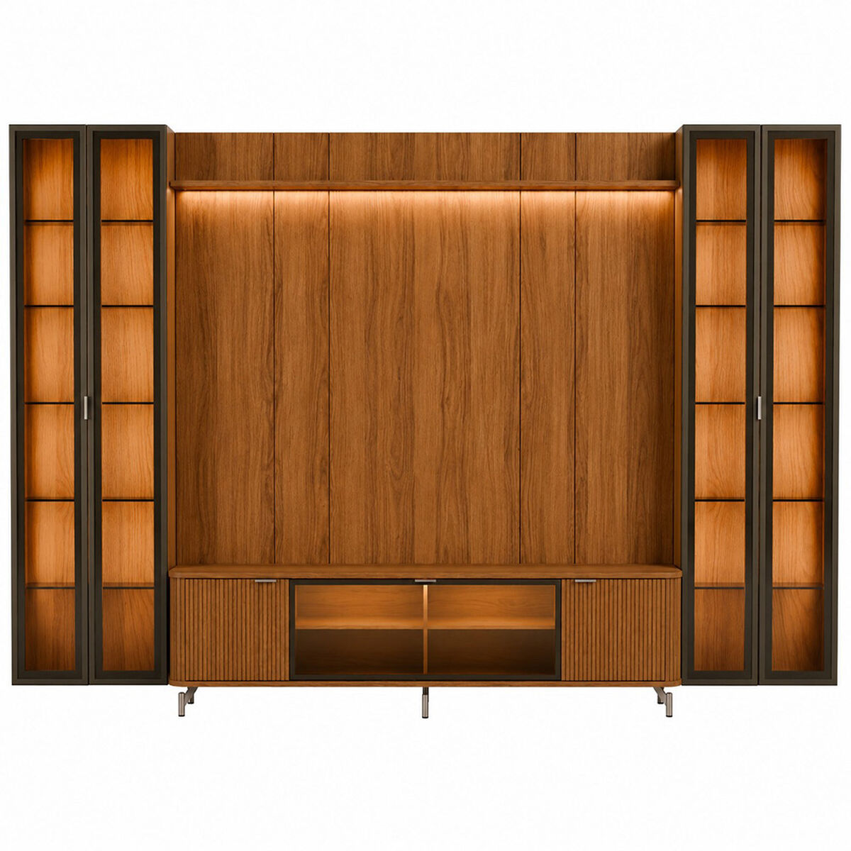 Rack TV 80" + Panel Neon Float LED + 2 Vitrinas 2 Puertas Decocasa Canela