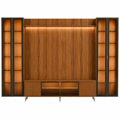 DECOCASA Rack TV 80 + Panel Neon Float LED + 2 Vitrinas 2 Puertas Decocasa Canela