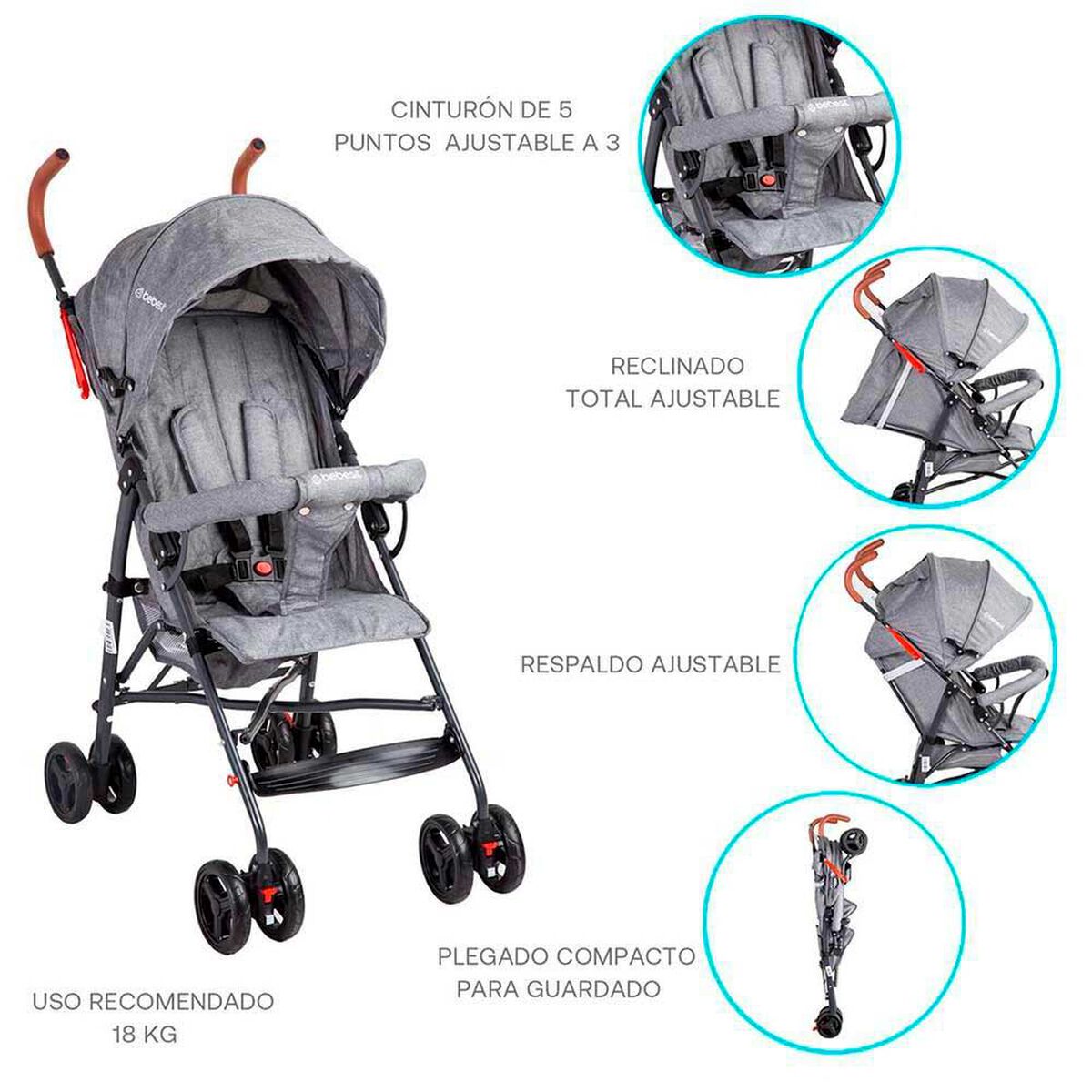 Coche Paragua Bebe 5126 Plegable Liviano Compacto Gris Bebesit