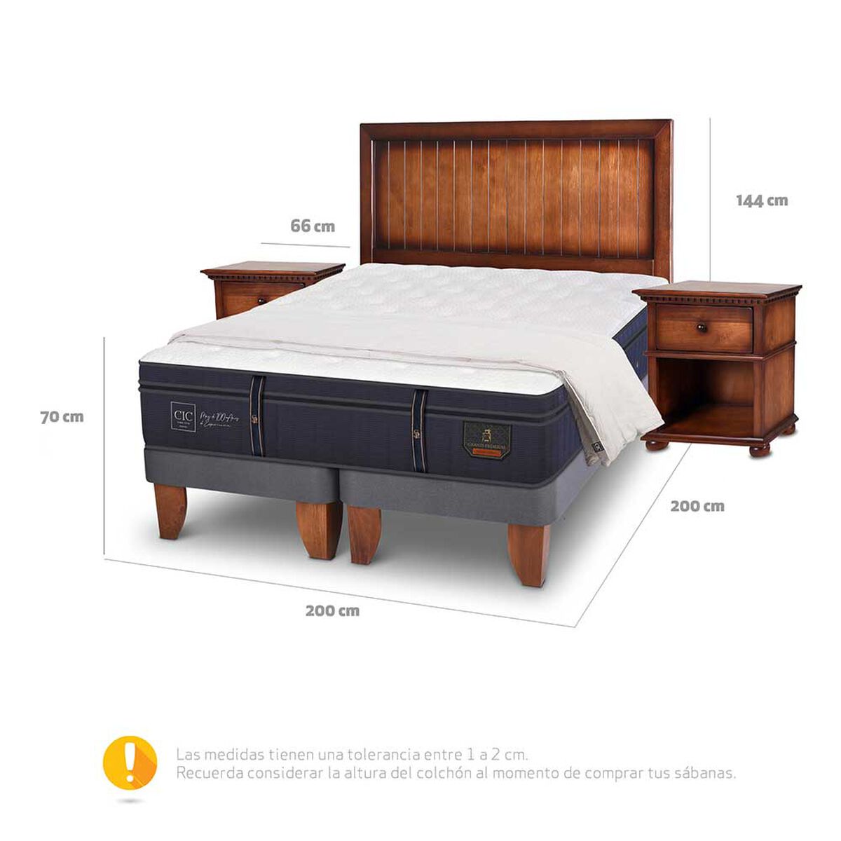 Cama Europea CIC Base Dividida S&uacute;per King Grand Premium + Respaldo + Veladores + Plum&oacute;n Ganso