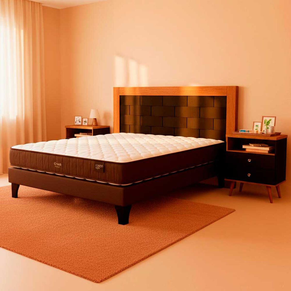 Combo Cama Europea Rosen 2 Plazas Ergo T + Respaldo + 2 Veladores Dreams 2 Plazas Treliza Negro