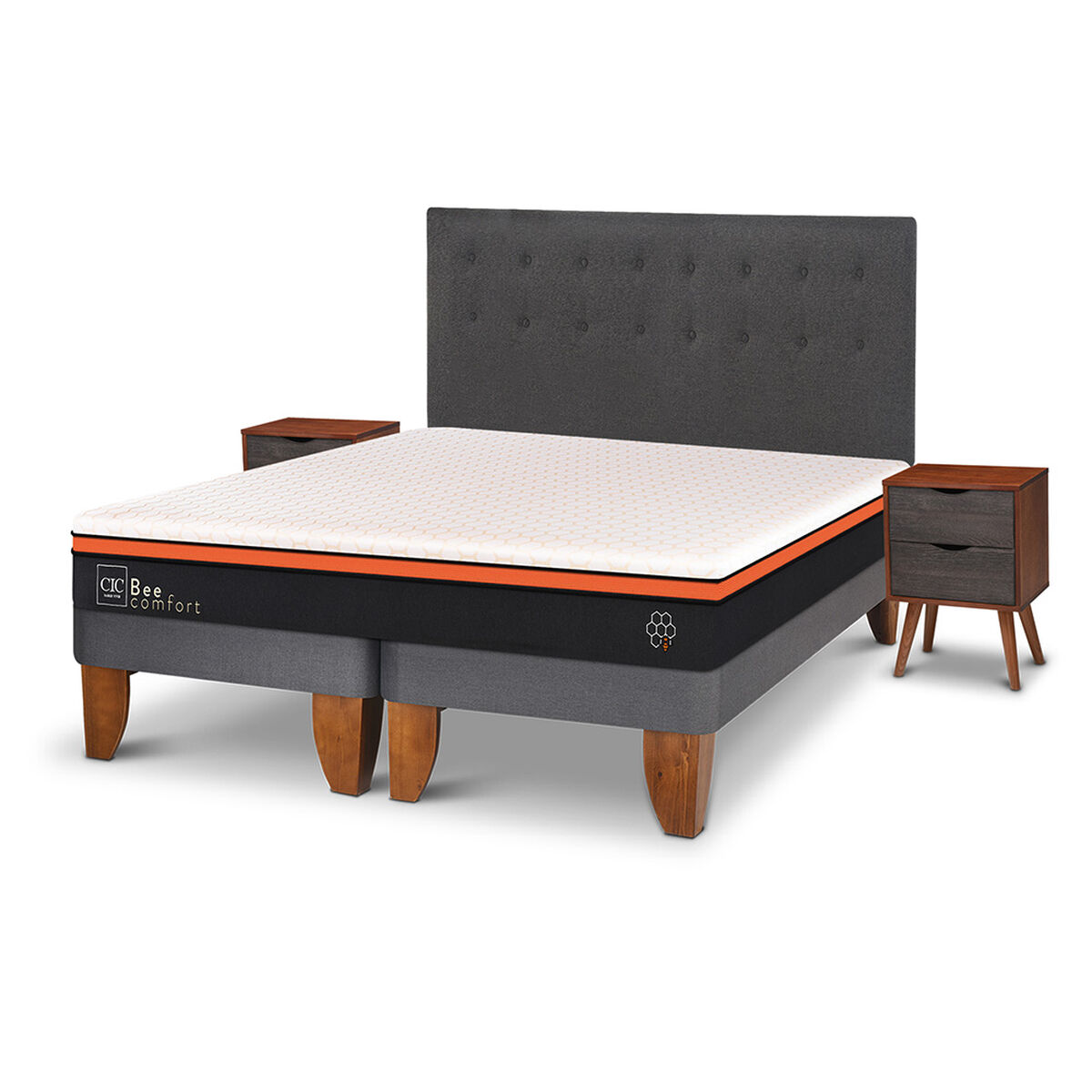 Cama Europea CIC Base Dividida King Bee Comfort + Respaldo + 2 Veladores