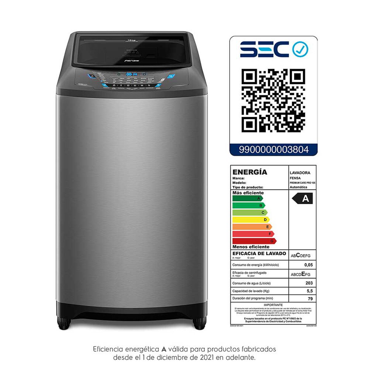 Lavadora Automática Fensa Premium Care Pro 18X 18 kg.
