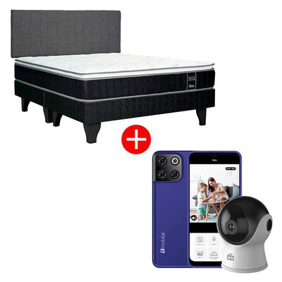 Combo Cama Europea Celta Base Dividida 2 Plazas Black Soul + Respaldo Gijón Acolchado + Celular Bmobile Dots Ultra 128GB 6,5” Azul Liberado