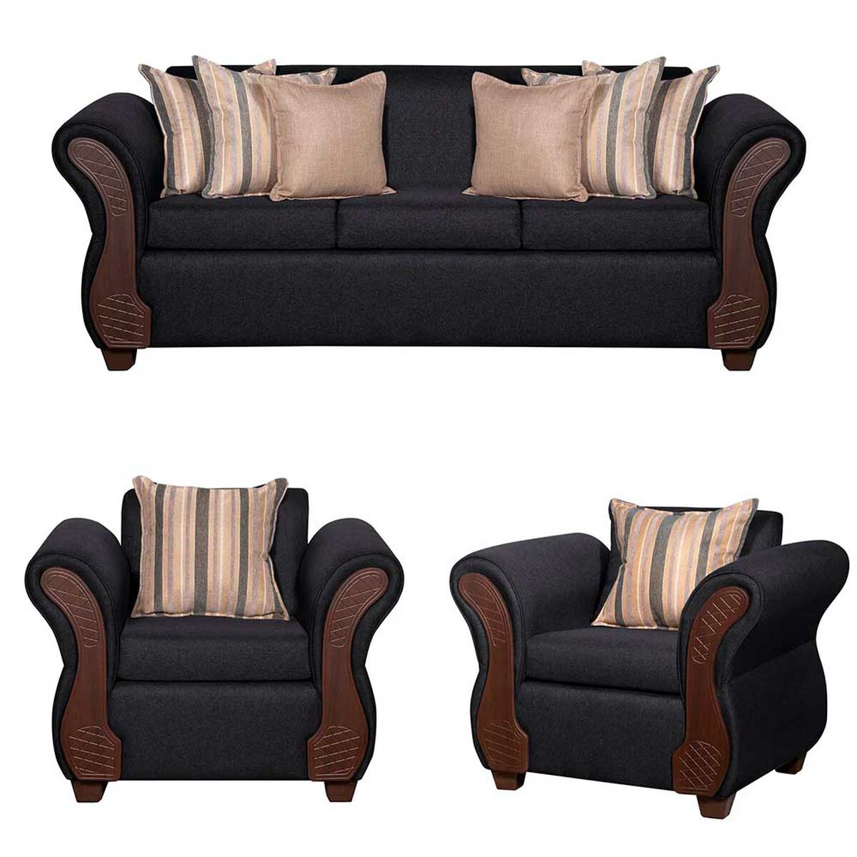 Juego de Living Ruzam Mobel Marsella Sof&aacute; 3 Cuerpos + Dos Sillones 1 Cuerpo Lino Negro