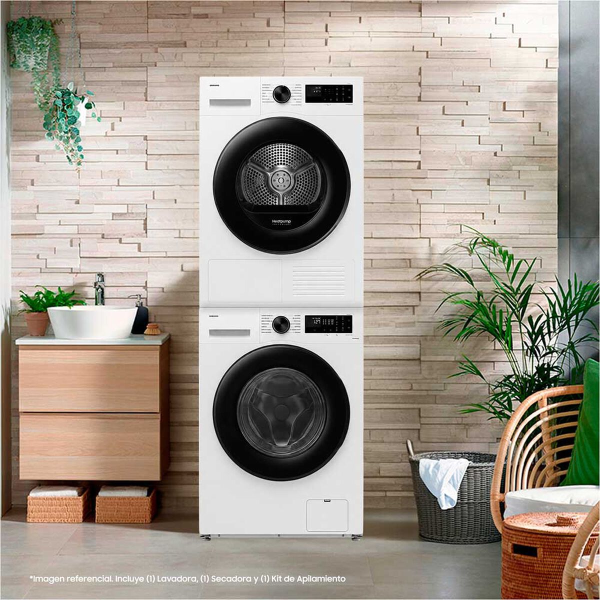 Lavadora Carga Frontal Samsung12 kg + Secadora Bomba de Calor con SmartThings 9kg + Kit apilamiento