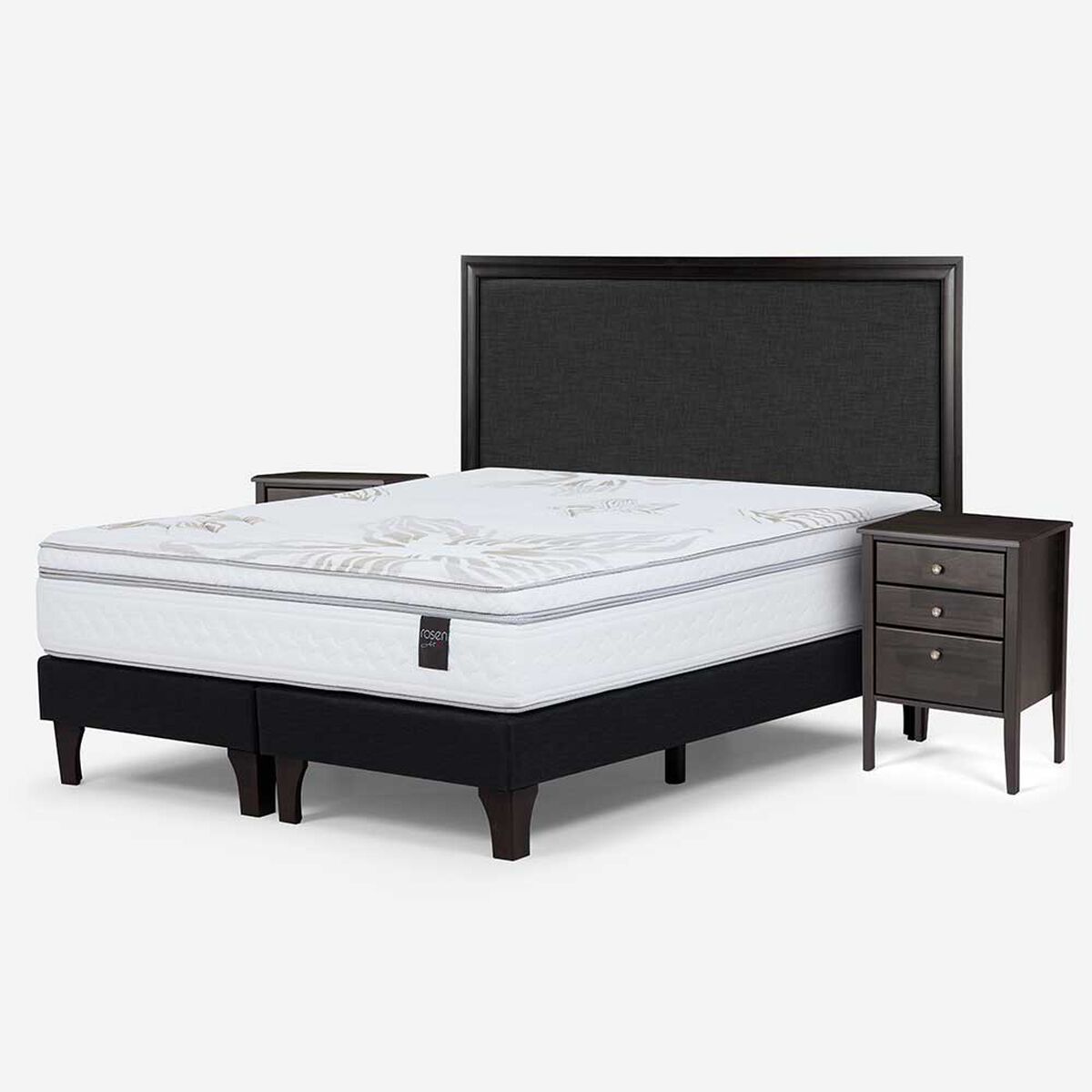 Cama Europea Rosen Base Dividida King Art 4 + Respaldo + 2 Veladores Nolita Grafito