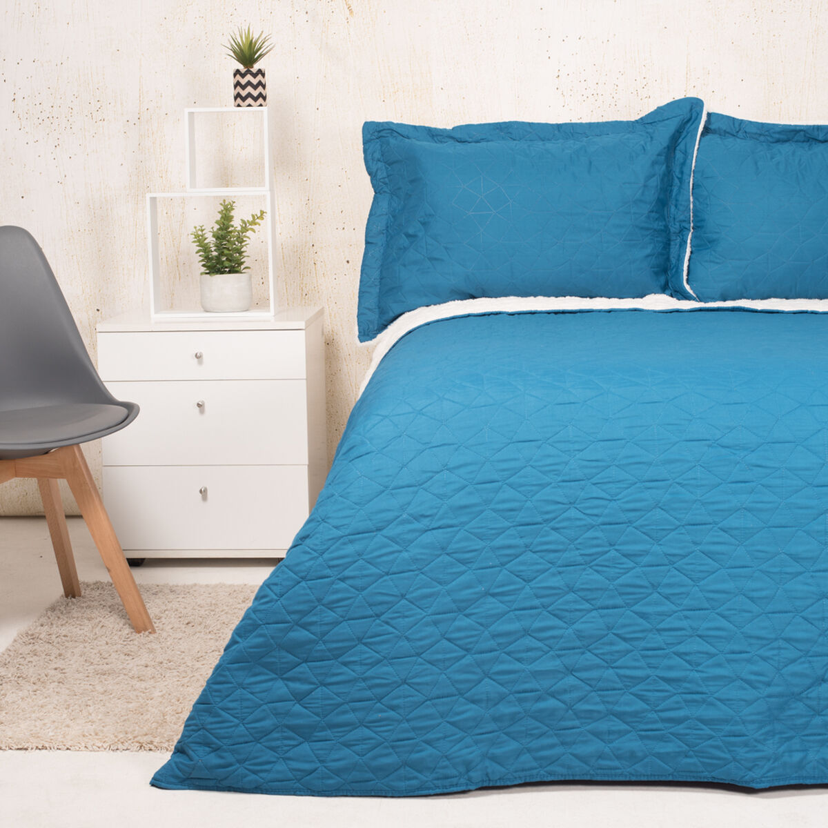 Cubrecama Heat Press Sherpa Stone Blue 1,5 Plazas