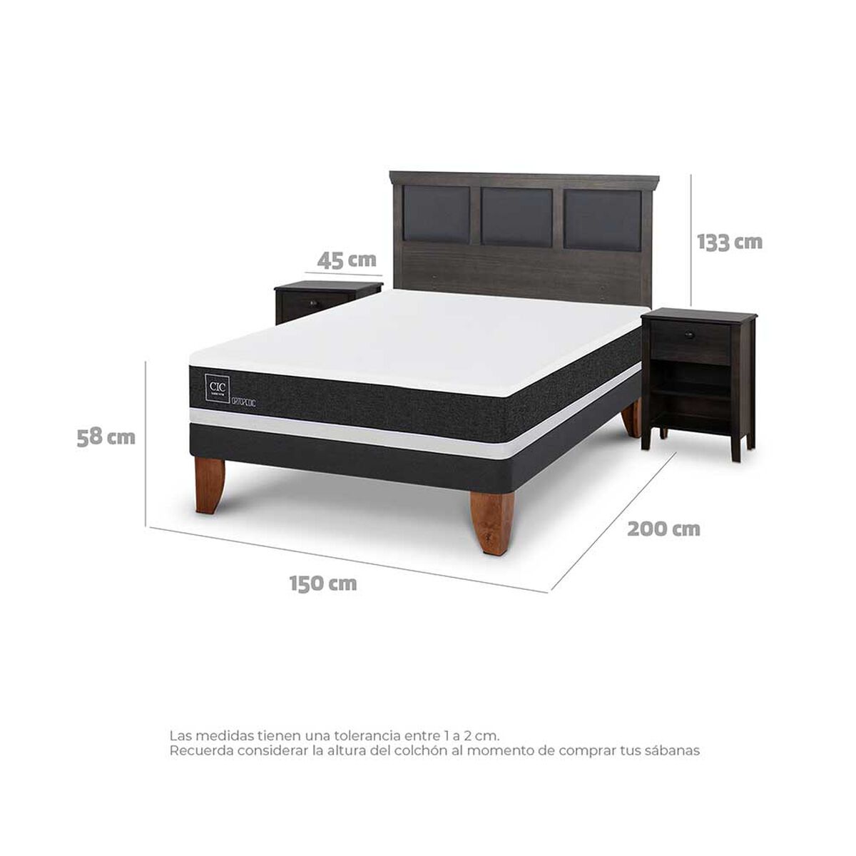 Cama Europea CIC 2 Plazas Ortopedic + Respaldo + 2 Veladores Torino