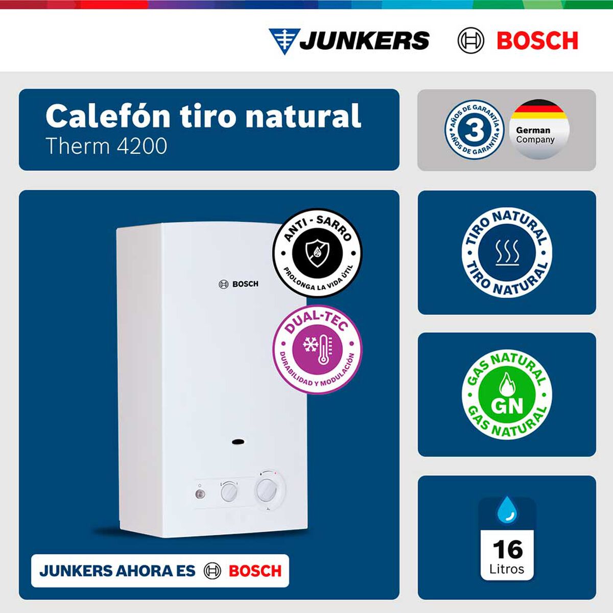 Calef&oacute;n 16 litros gas natural tiro natural Junkers Bosch Therm 4200