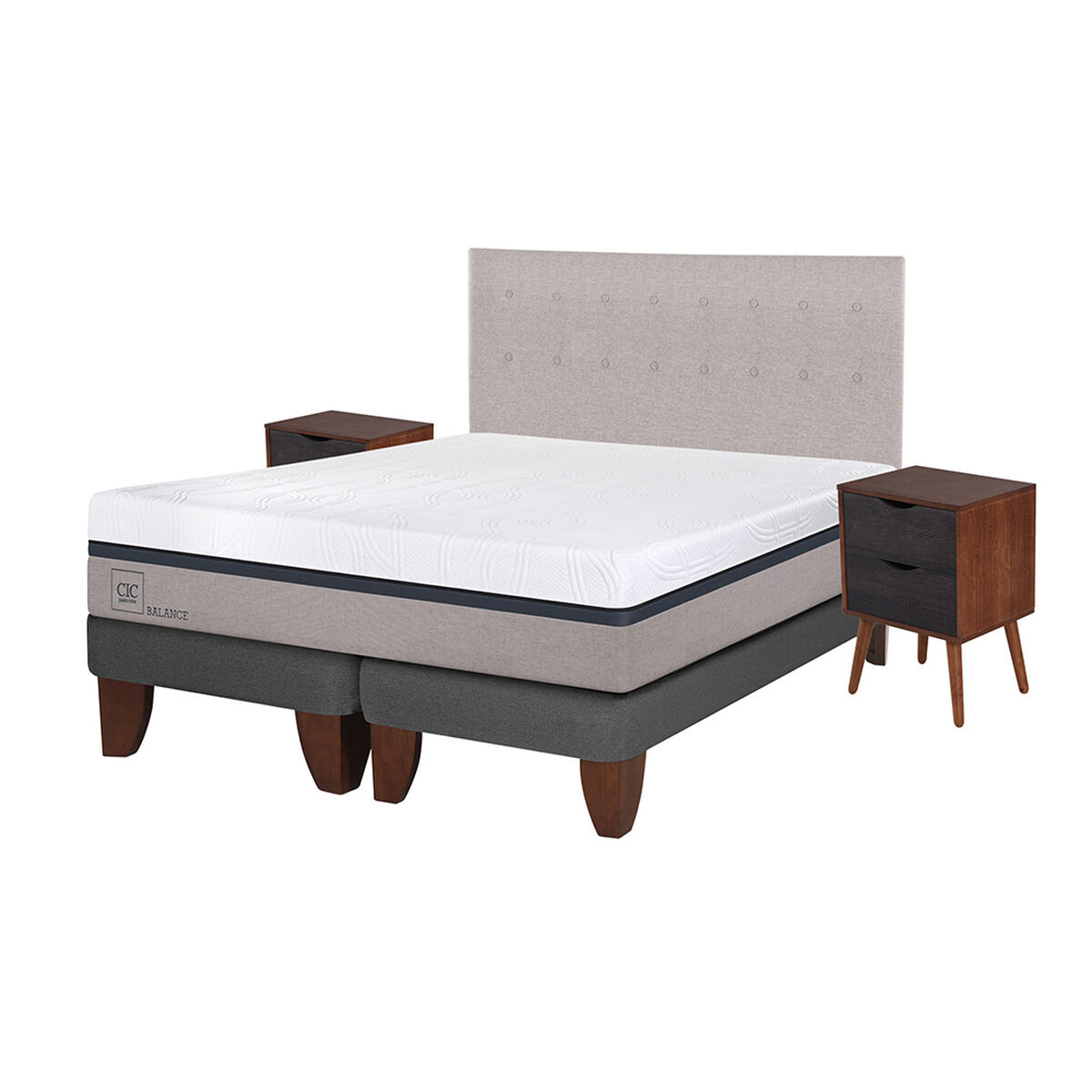 Cama Europea CIC Base Dividida King Balance + Respaldo + 2 Veladores Tigris