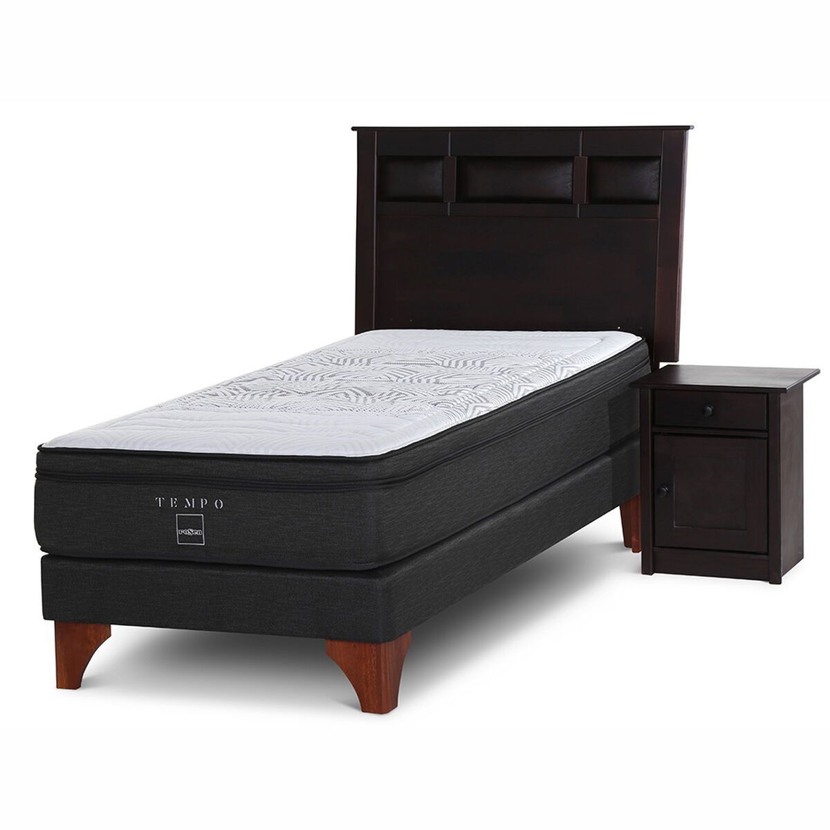 Box Spring Rosen 1,5 Plazas Tempo + Set Maderas Bilbao