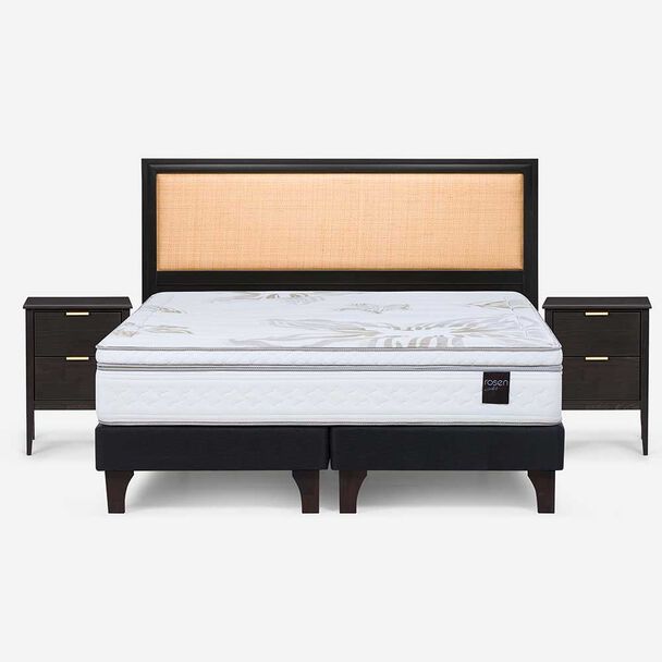 Cama Europea Rosen Base Dividida King Art 4 + Respaldo + 2 Veladores Soho