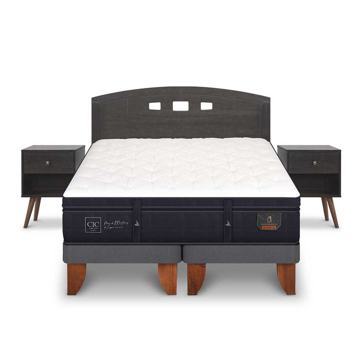 Cama Europea CIC Base Dividida 2 Plazas Súper Premium + Respaldo + 2 Veladores Gales