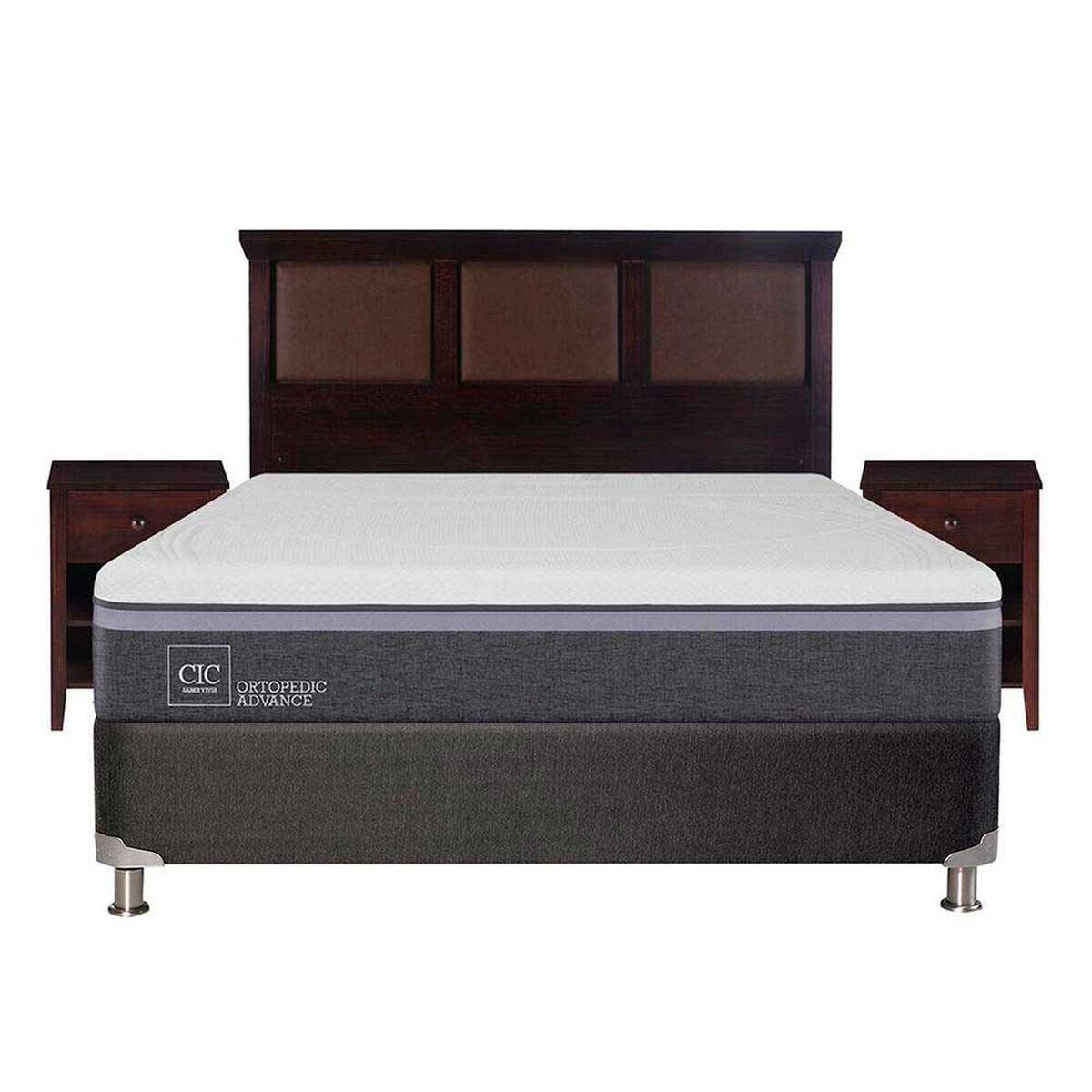 Box Spring CIC 2 Plazas Ortopedic Advance + Respaldo + 2 Veladores New Torino