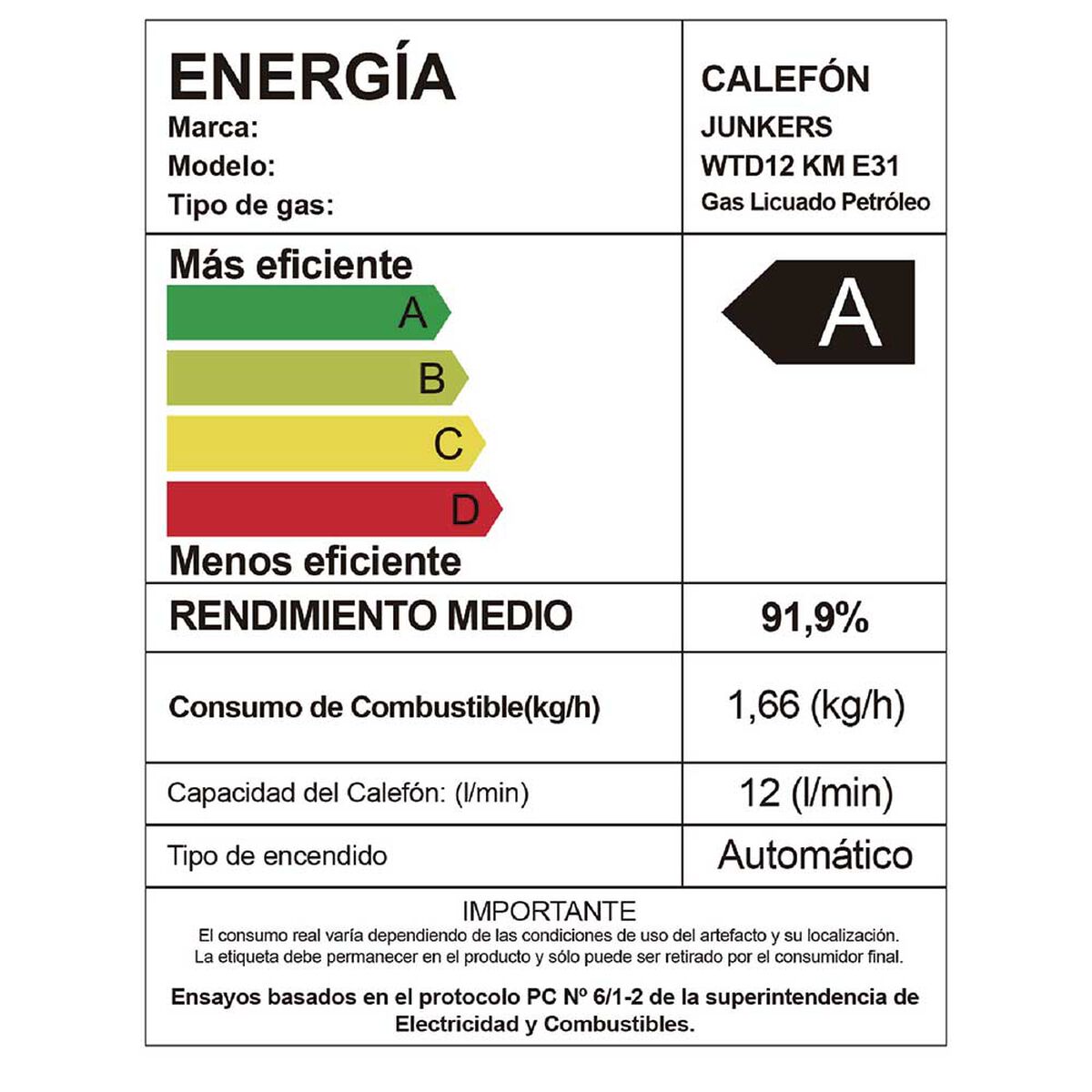 Calefont Gas Licuado Junkers HydroWind Plus 12 lts.