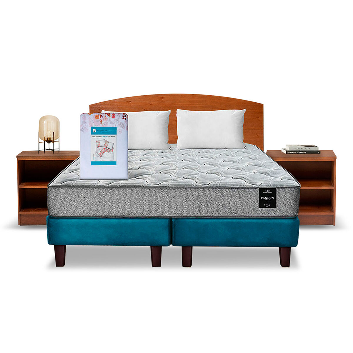 Combo Cama Europea Latam Home 2 Plazas Cannon BD Tela Azul + Textil + Respaldo + 2 Veladores Atlas