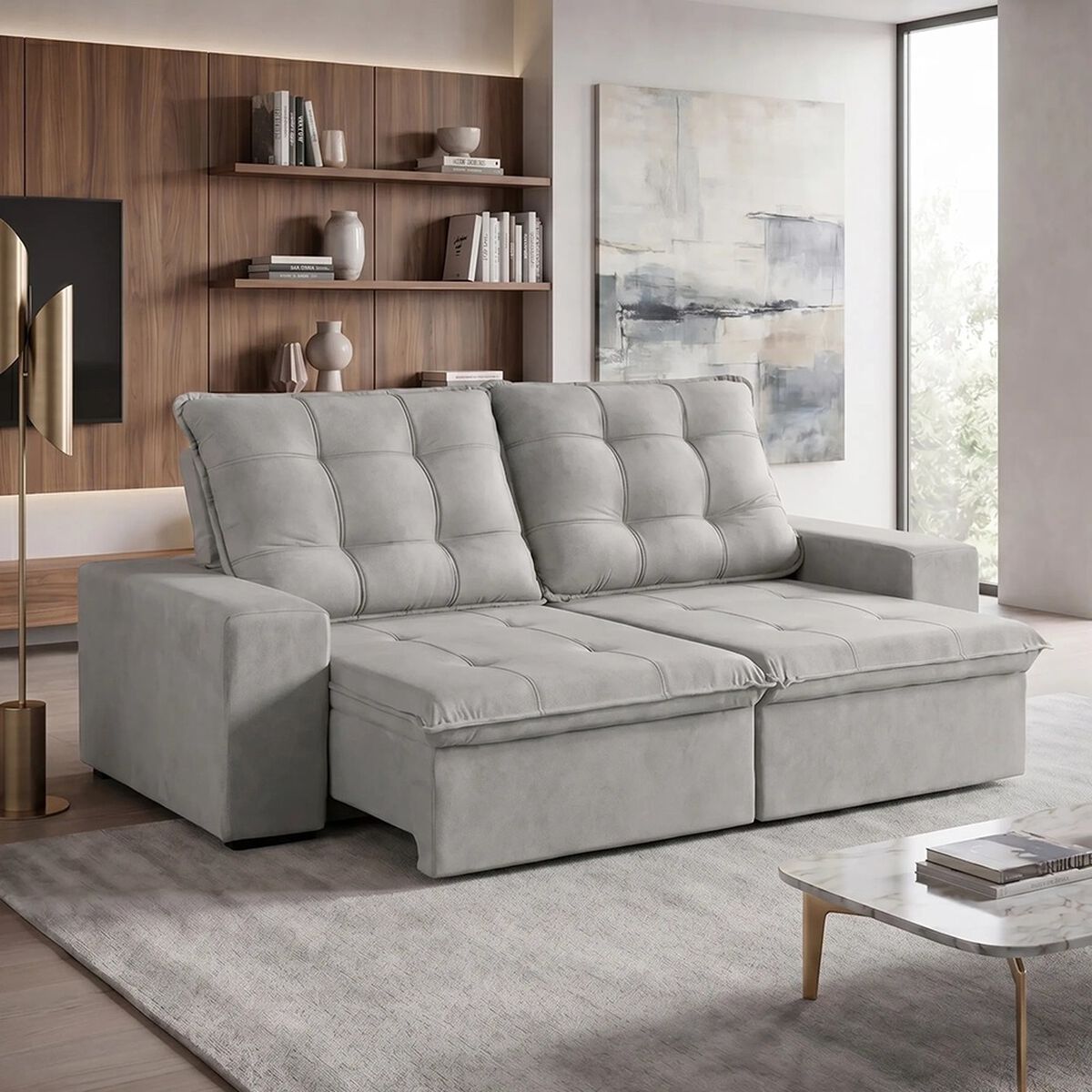 Sof&aacute; Retr&aacute;ctil Reclinable Mons Magnum 3 Cuerpos Boucl&eacute; Cinza
