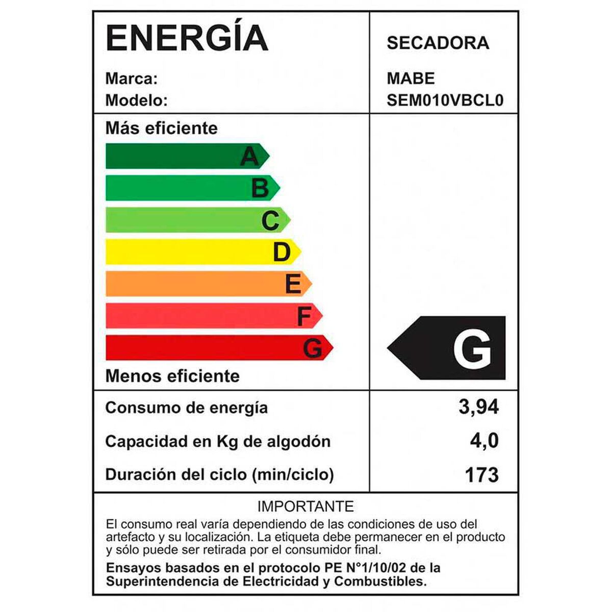 Secadora de Ropa Mabe SEM010VBCL0 10 kg.