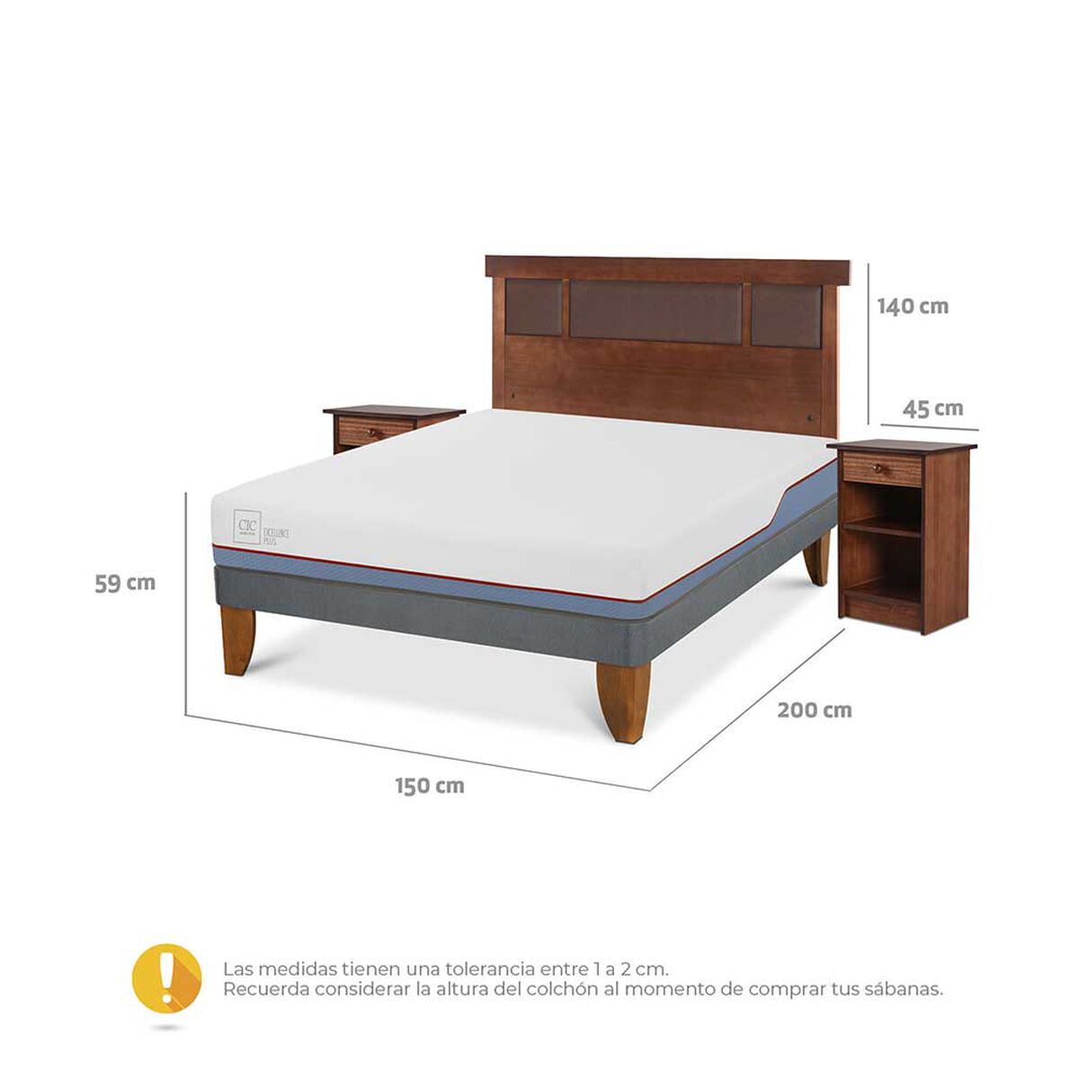 Cama Europea CIC 2 Plazas Excellence Plus + Respaldo + 2 Veladores Dublin Caramelo