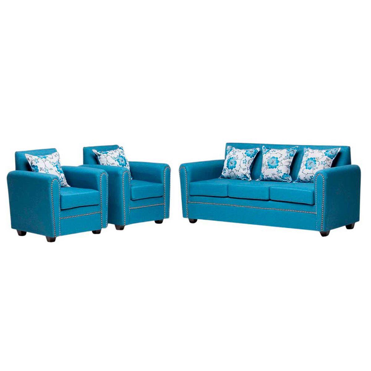 Rack Almore Alemania Freijo Off White y Azul Hasta 55" + Juego de Living 3-1-1