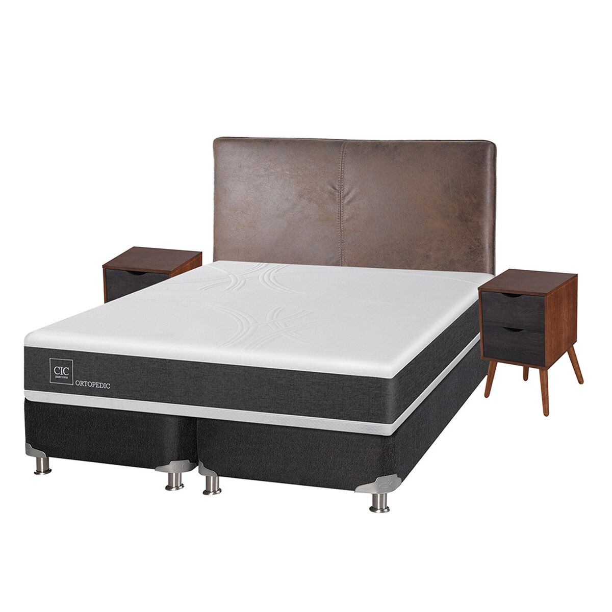 Box Spring CIC Base Dividida 2 Plazas New Ortopedic + Respaldo + 2 Veladores Baker