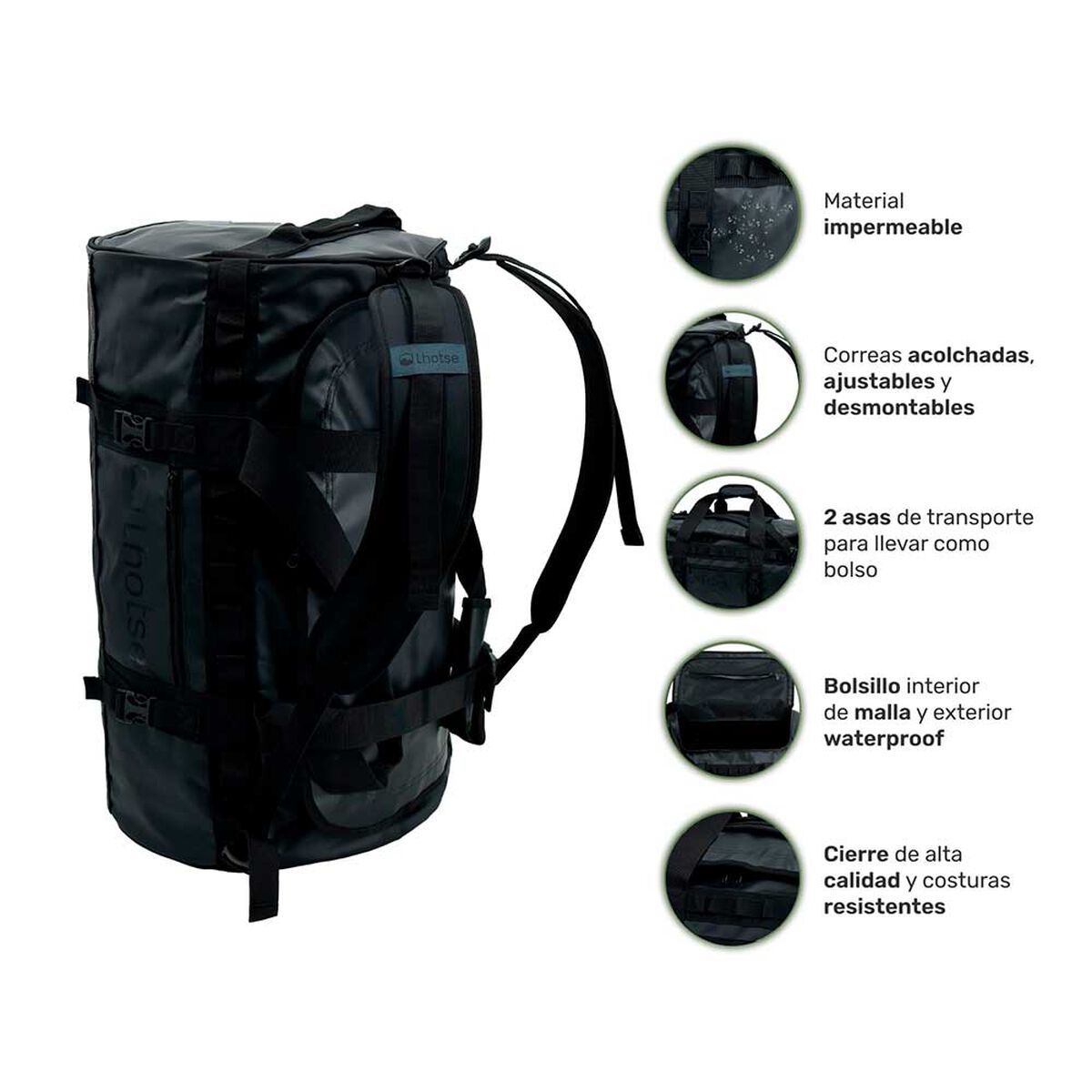 Pack Bolso Duffel 60 Lts Black + Banano Impermeable Lhotse