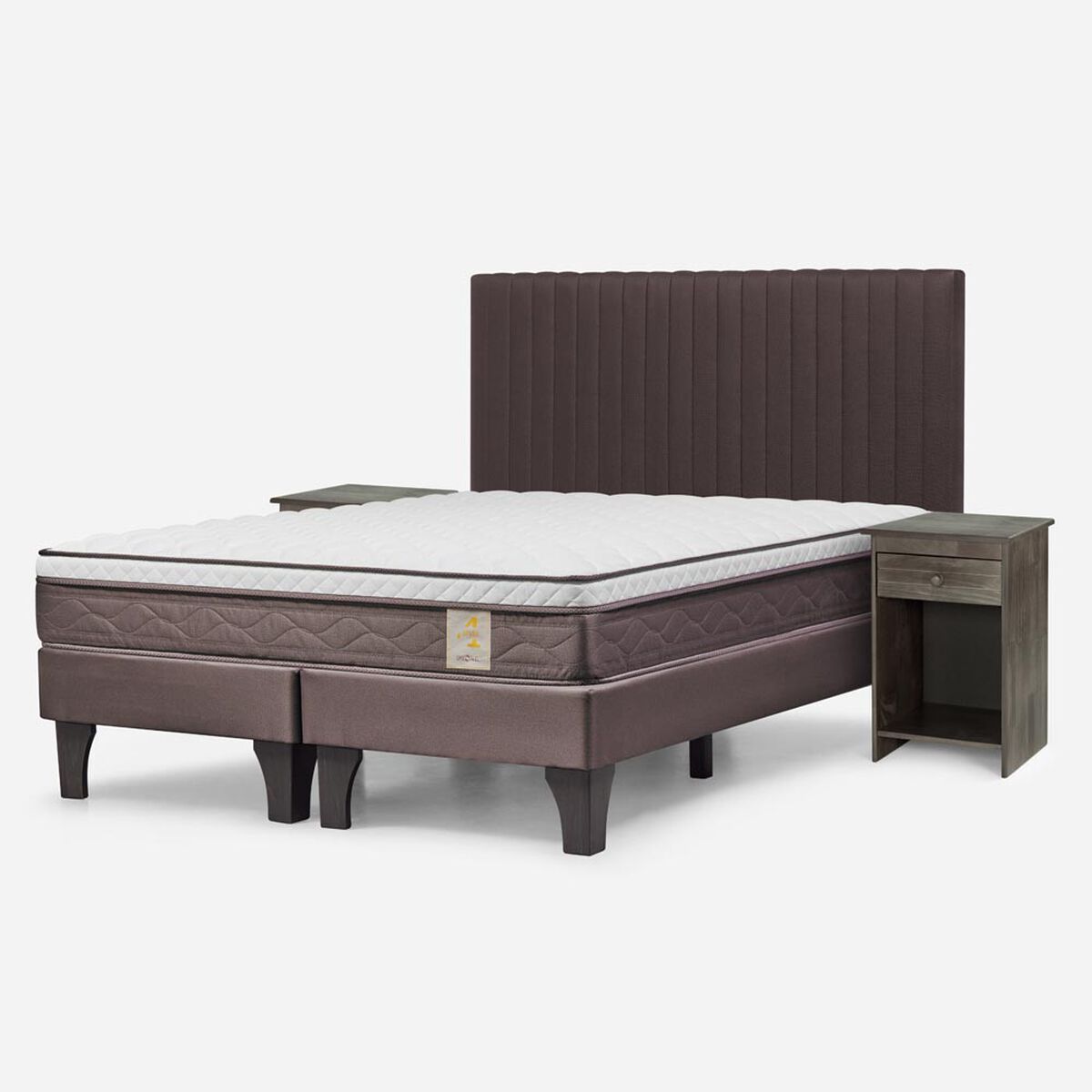 Cama Europea Rosen 2 Plazas New Style 4 + Respaldo + 2 Veladores Caf&eacute;