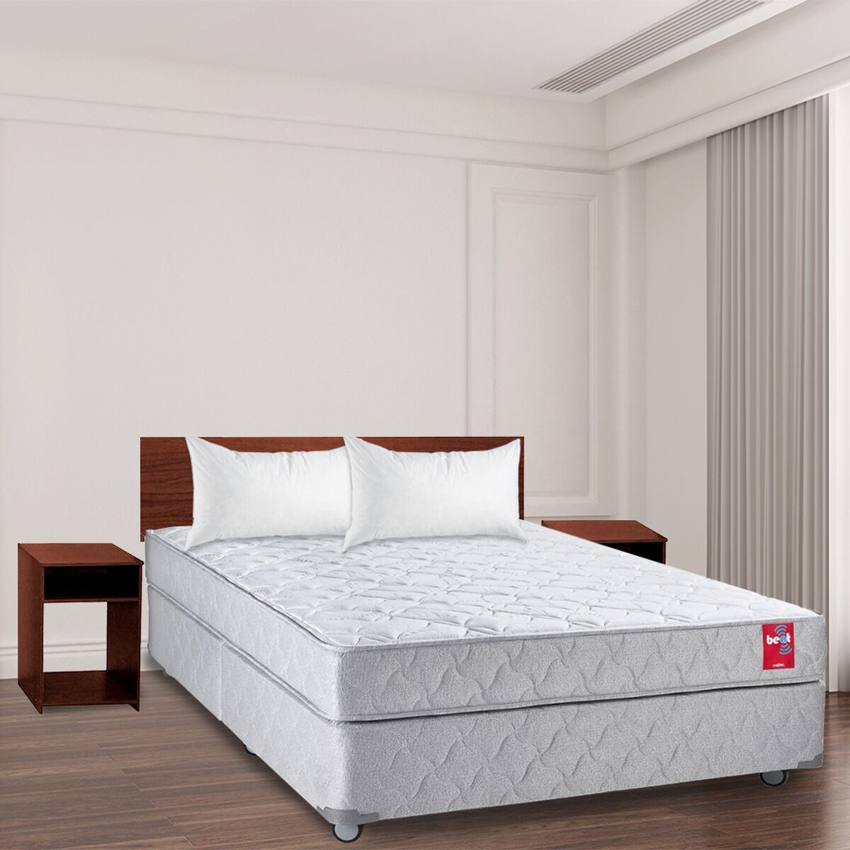 Combo Cama Americana Rosen 2 Plazas Base Dividida Beat + Set Maderas Casanova Nogal + Pack Almohadas Celta Imperial Soft