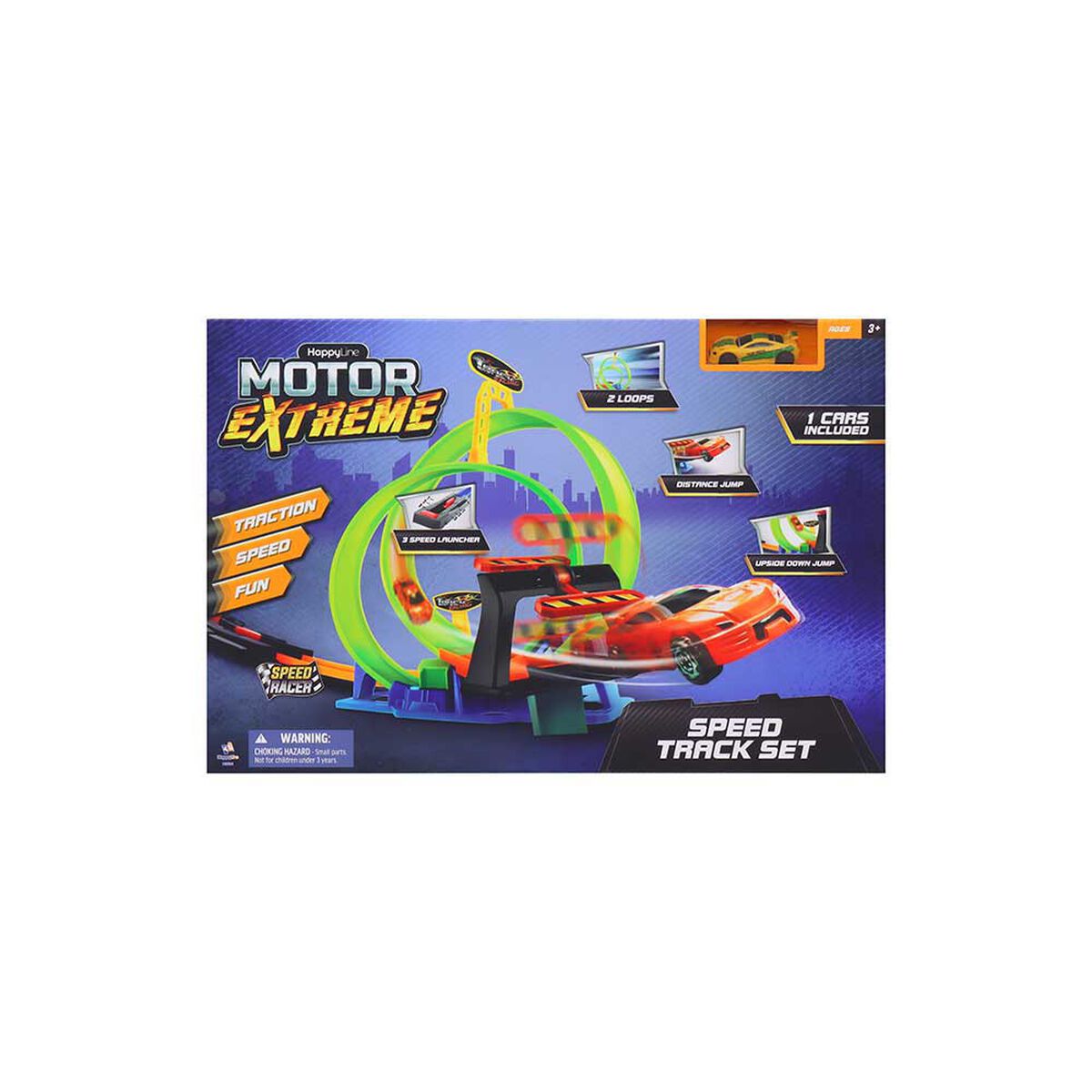 Pista con Lanzador 3 Velocidades, 2 Loops y 1 Auto Colores Surtidos Happy Line