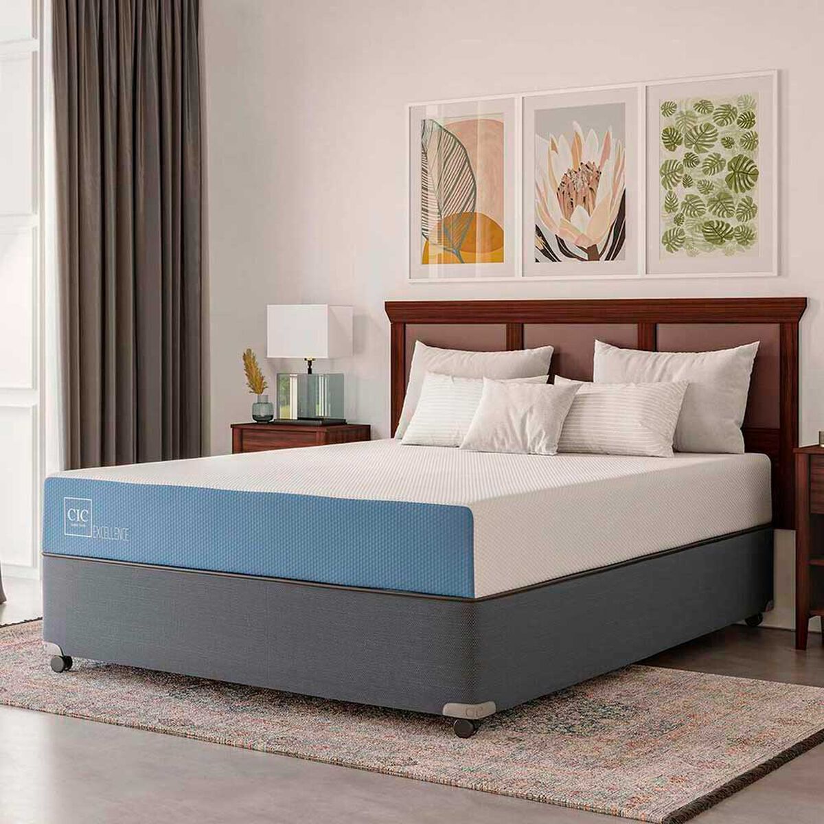 Cama Americana CIC 2 Plazas Excellence + Respaldo + 2 Veladores + Almohada + Plum&oacute;n