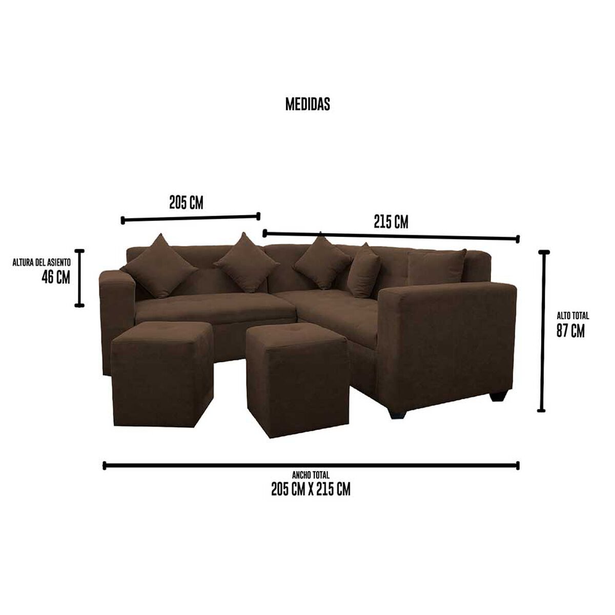 Sofá Seccional Deco Class Ingrid 5 Cuerpos + 2 Pouf Café