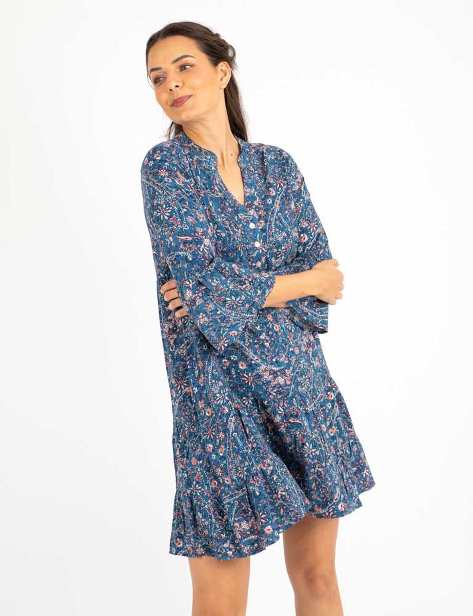 Vestido Corto Estampado Manga 3/4 Campana Botones Mujer Alma