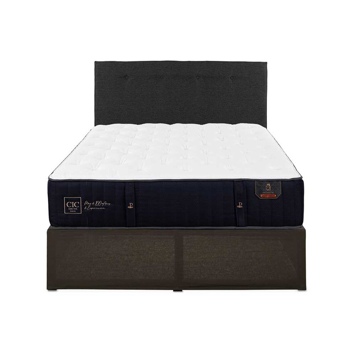 Cama Europea CIC Iron Smart 2 Plazas Premium + Respaldo Black Tapizado + Faldón