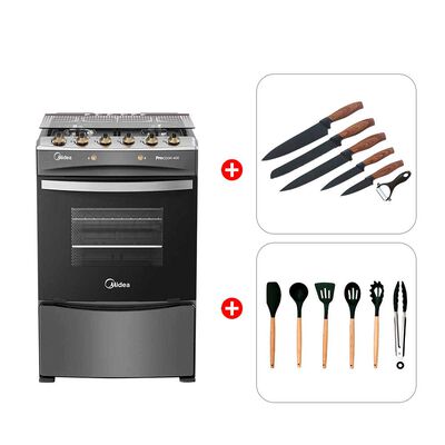 Combo Cocina a Gas Midea MCG-4QPI24NSCG 4 Quemadores + Set 5 Cuchillos + Pelador Zibel LK-NK73 Negro + Set 6 Utensilios de Cocina Casanova T4043-3A Negro
