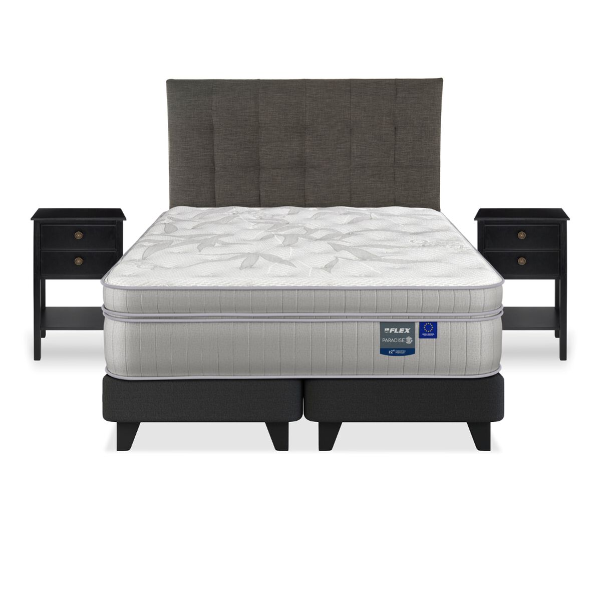 Cama Europea Flex King Paradise + Respaldo Design Grafito + 2 Veladores Rover