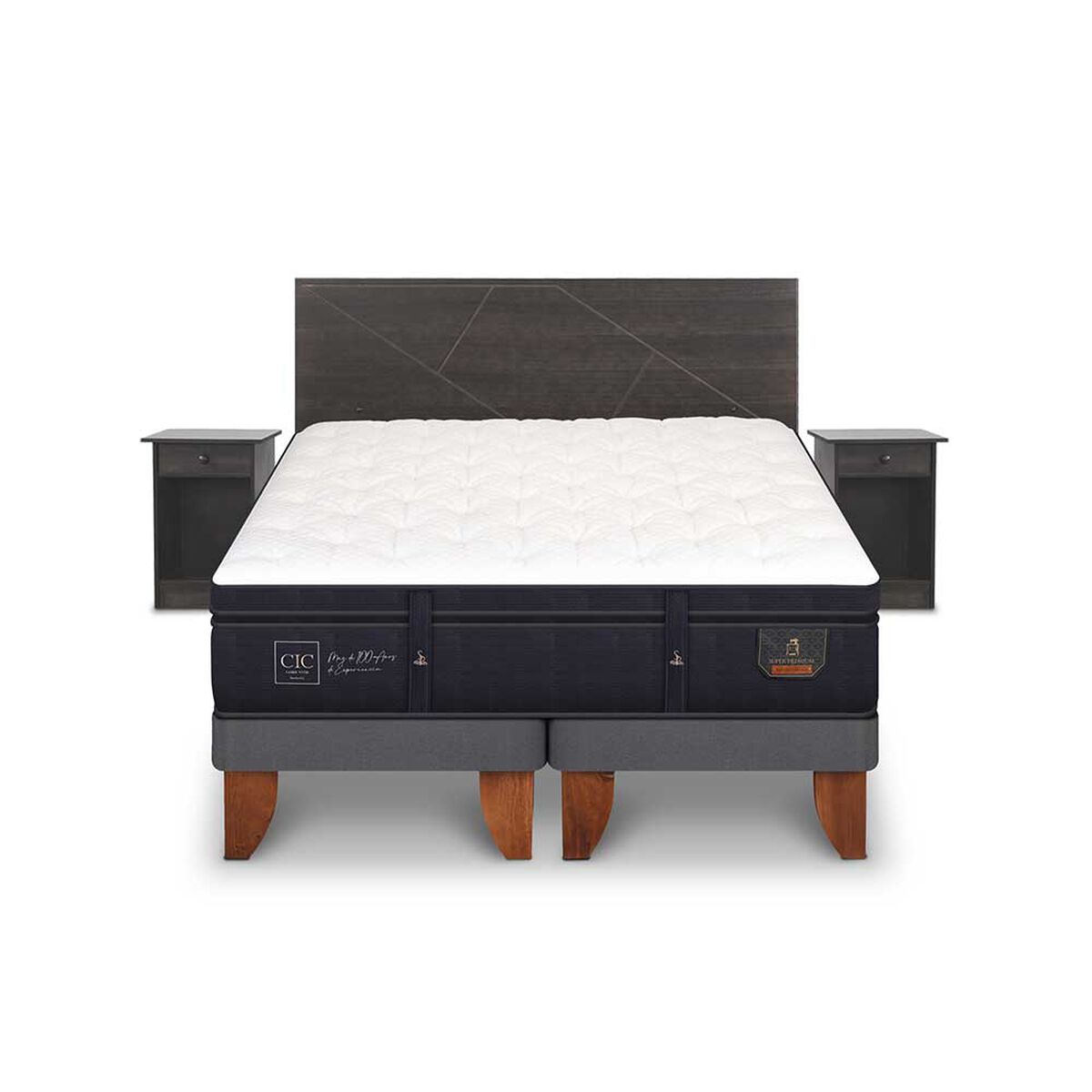 Cama Europea CIC Base Dividida 2 Plazas Súper Premium + Respaldo + 2 Veladores Villarrica