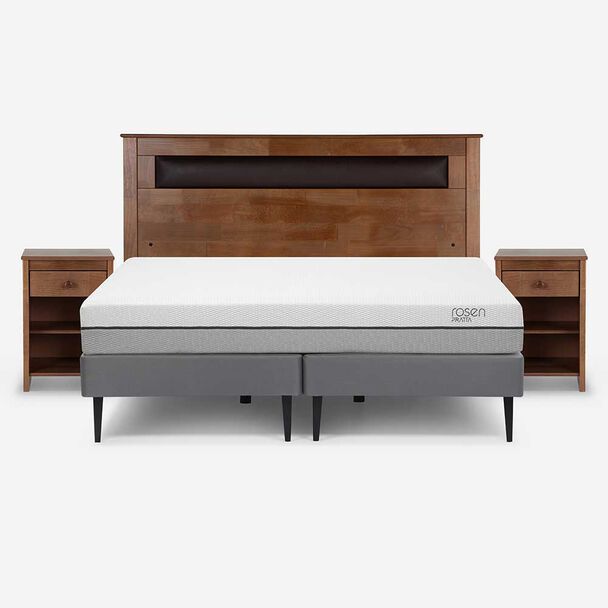 Cama Europea Rosen Base Dividida 2 Plazas Pratta + Respaldo + 2 Veladores Ferrera