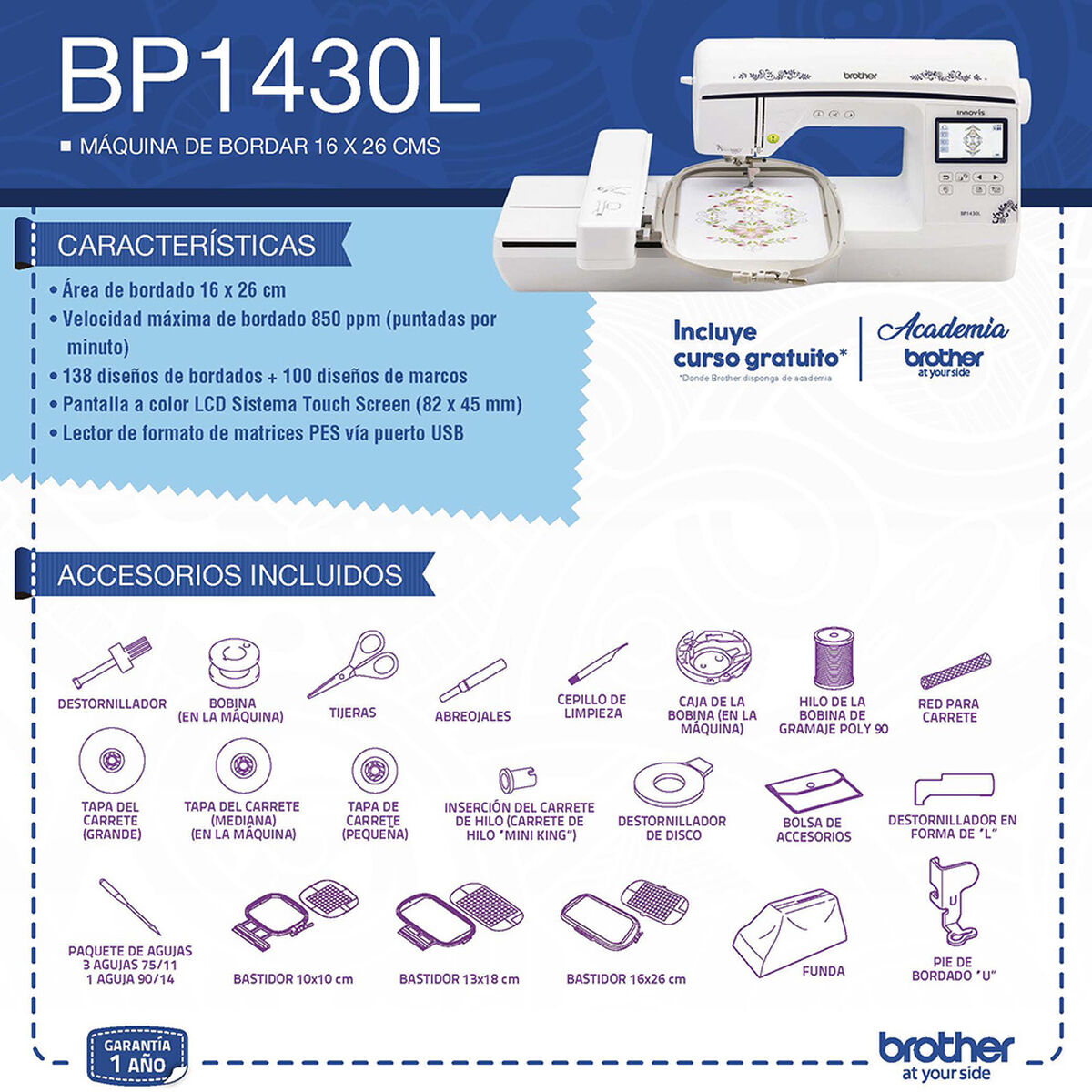 Máquina Bordadora Brother BP1430L Bastidor 16 cm x 26 cm