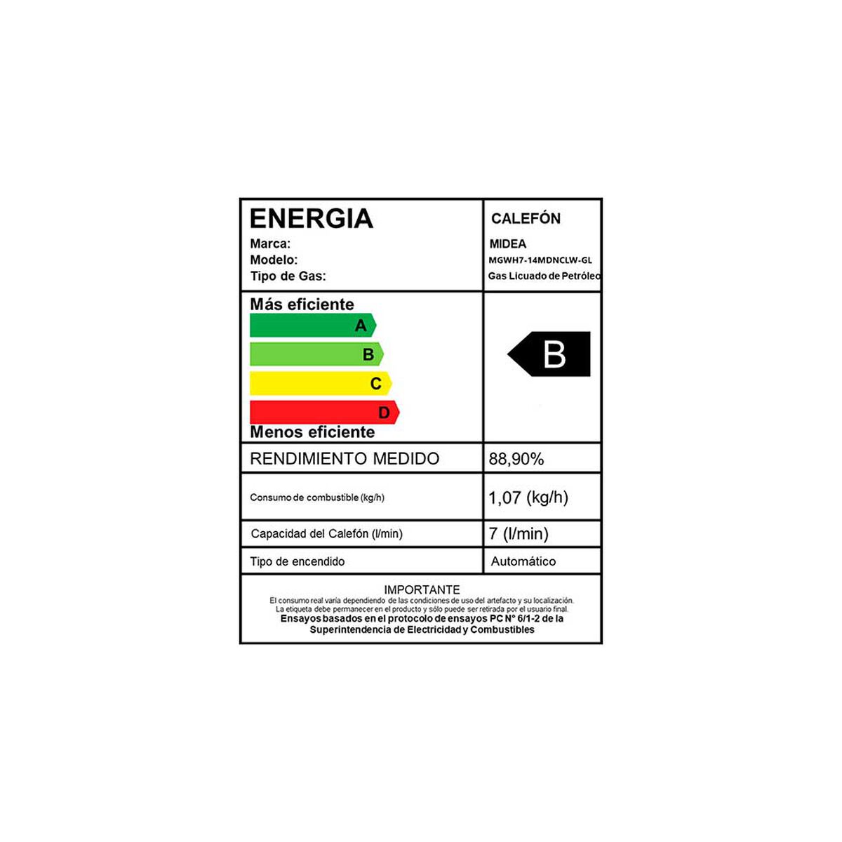 Calefont Gas Licuado Midea MGWH7-14MDNCLW-GL Tiro Natural 7 lts.
