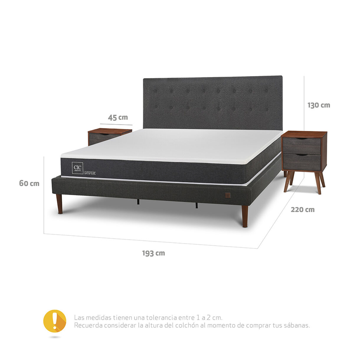 Cama Europea CIC King New Ortopedic + Respaldo Eufrates + 2 Veladores