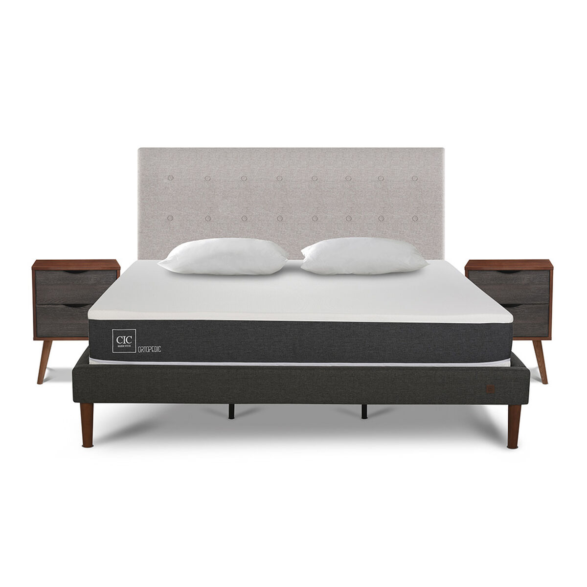 Cama Europea CIC King New Ortopedic + Respaldo Tigris + 2 Veladores + Almohadas Viscoel&aacute;sticas