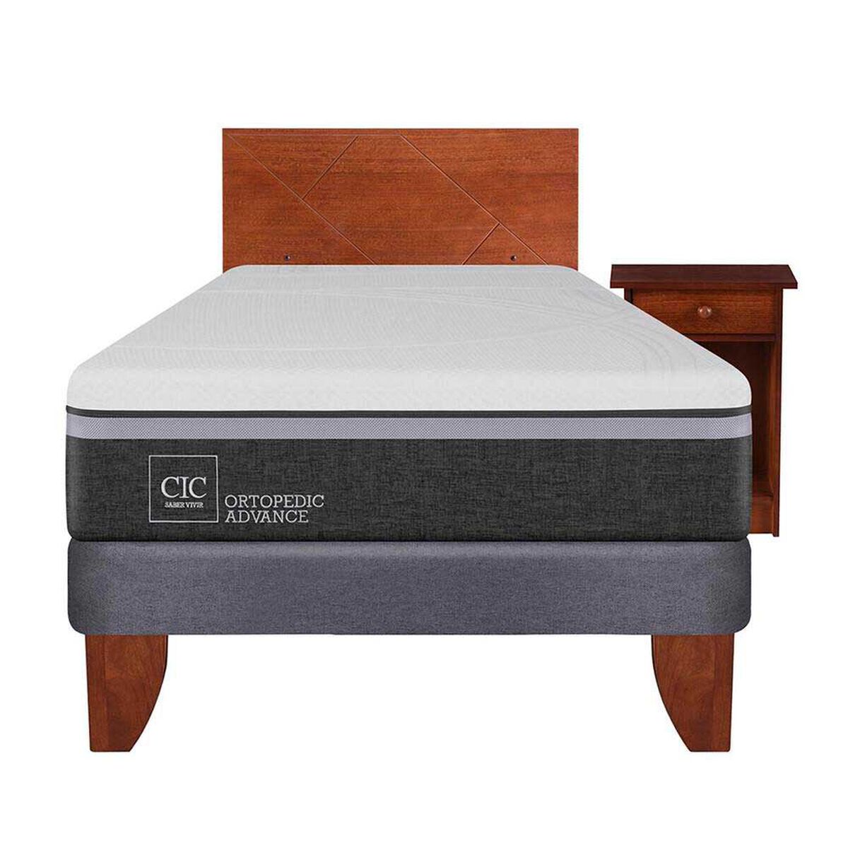 Cama Europea CIC 1,5 Plazas Ortopedic Advance + Respaldo + Velador New Villarrica