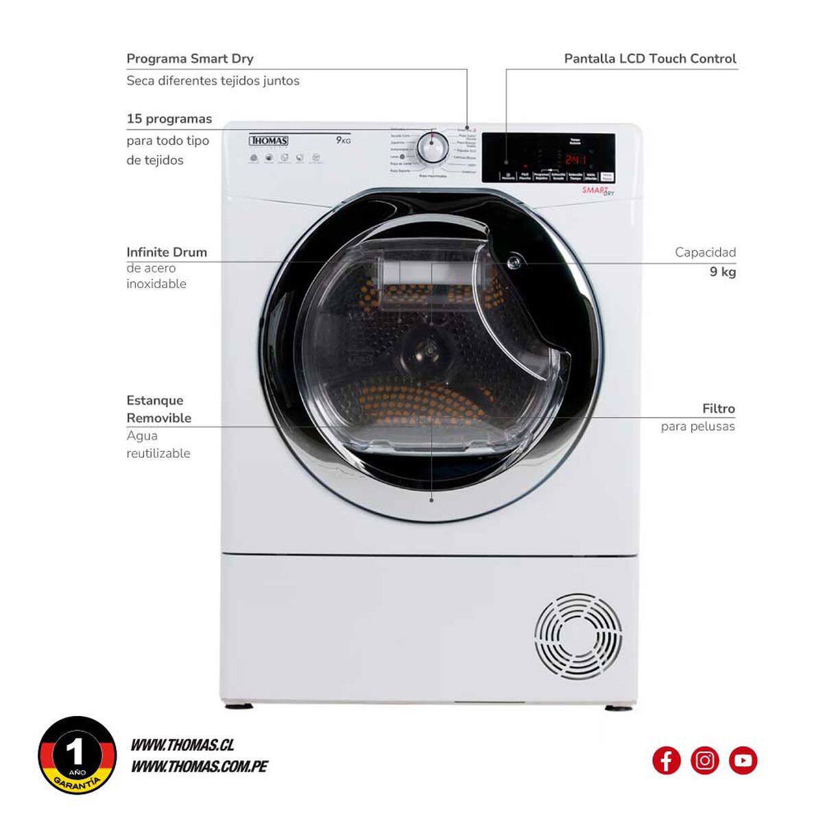 Secadora de Ropa Thomas TH-D9KCBC 9 kg. Condensación con Bomba Calor