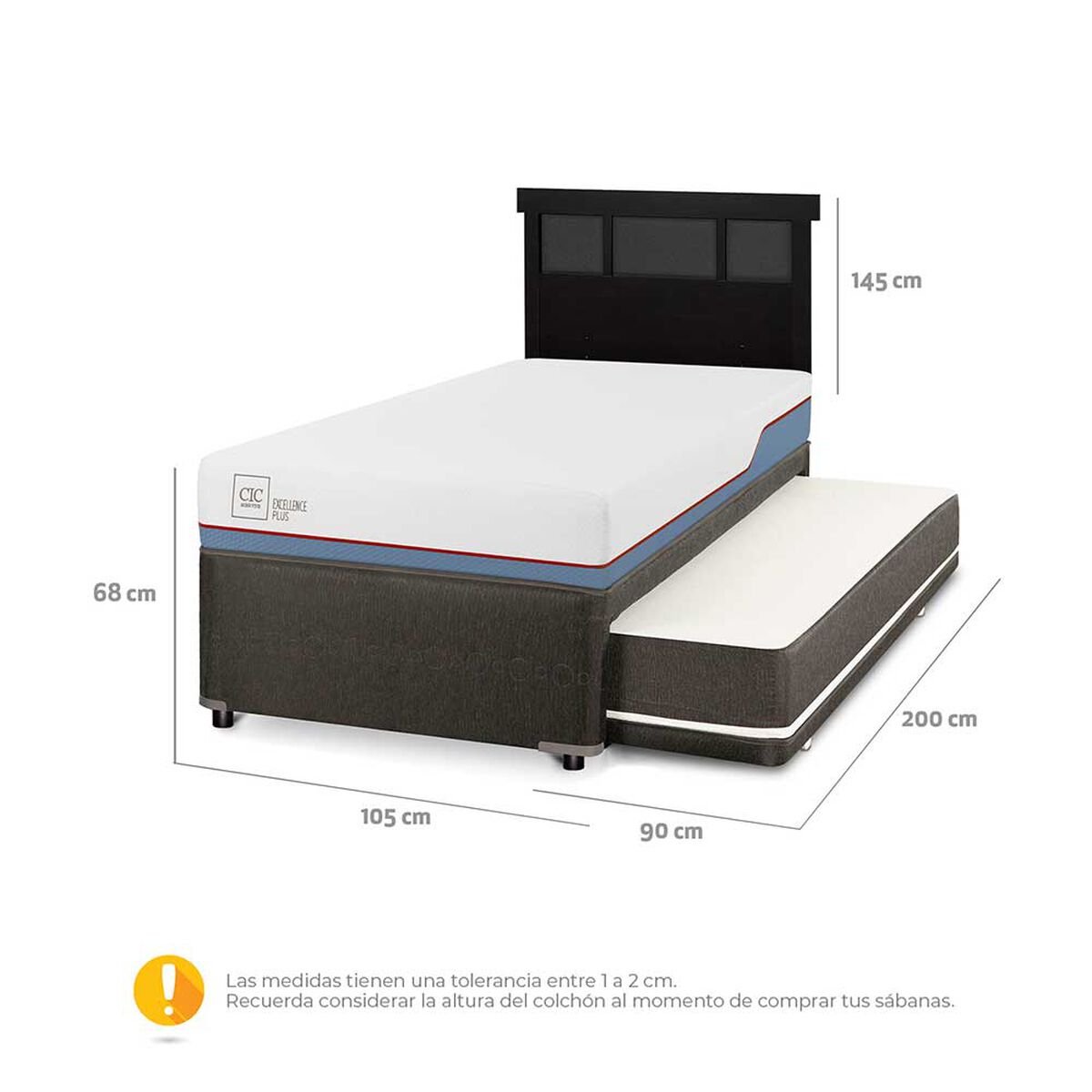 Cama Nido CIC 1,5 Plazas Excellence Plus + Respaldo Dublin Negro